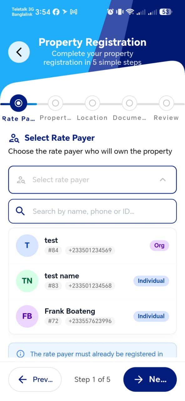 Step 1 — Select Rate Payer