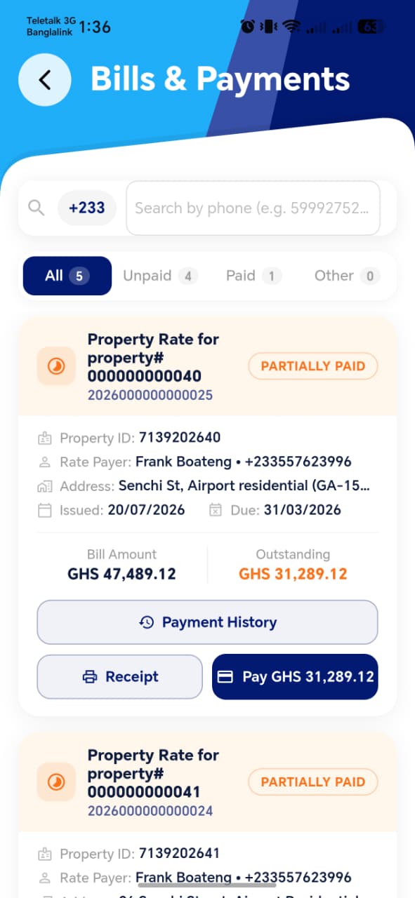 Bills & Payments List with Receipt Button