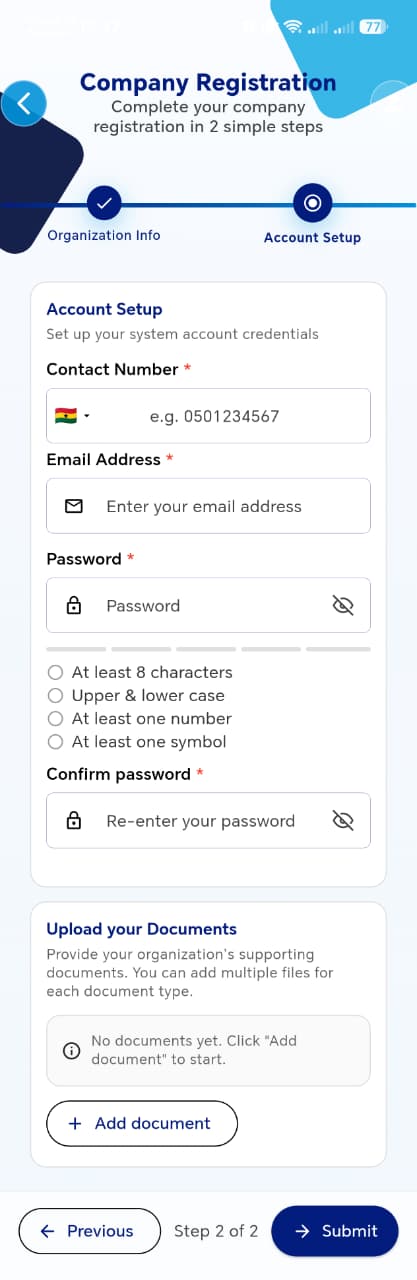 Company Registration - Account Setup